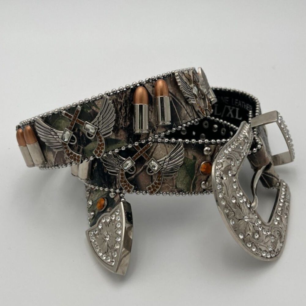 Studded Camo Leather Western Cowgirl Novelty Guns Bullets Rodeo Rhinestones XL/L